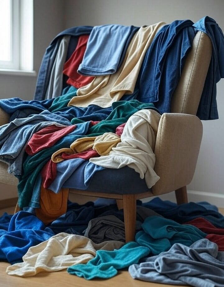 how to start decluttering when overwhelmed- example of a chair full of clothes